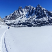 Farther out on the Mer de Glace.  We were able to ski a fair way down before having to take of the skis.