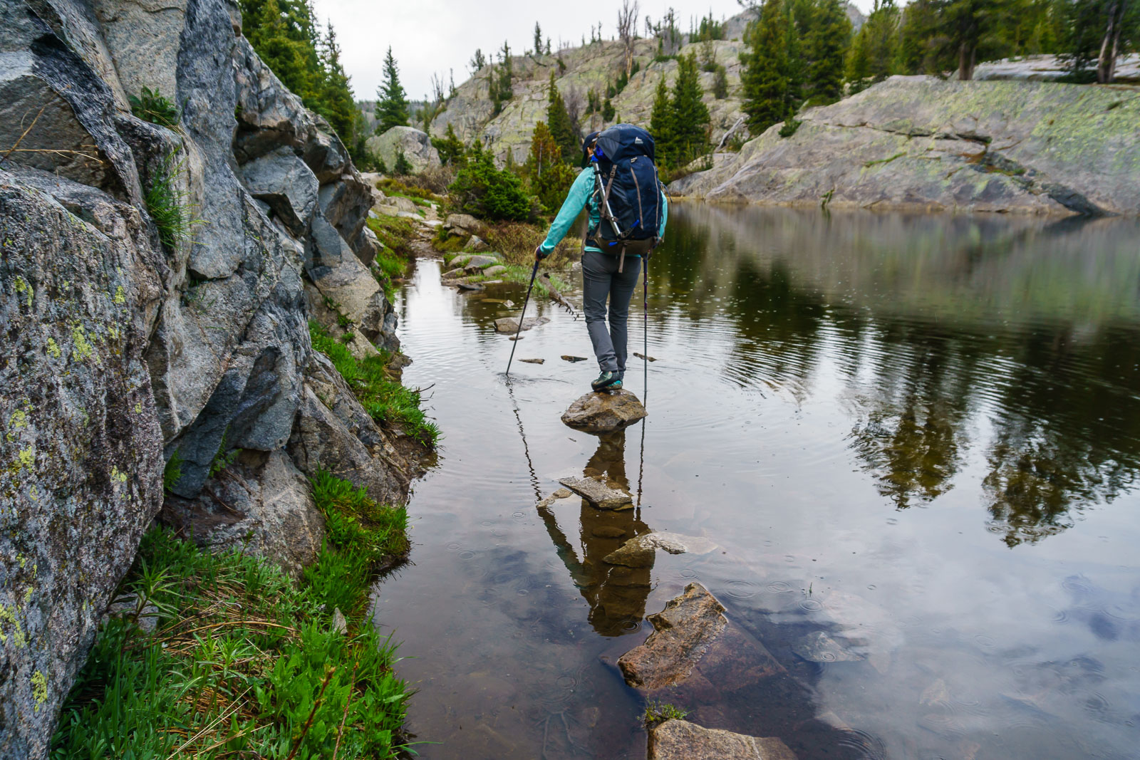 Another water obstacle. This pond overran the trail. Luckily there are rocks along the side to go between. Trekking poles make this much easier.