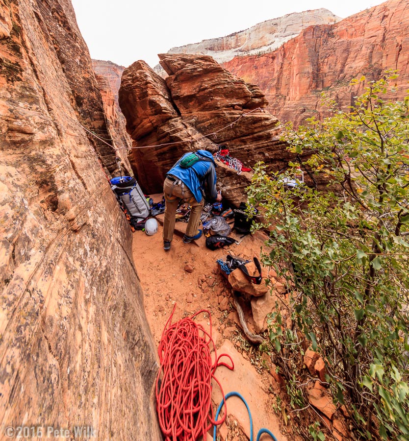 Home sweet home for the evening.  The ledge is big enough and protected enough that unroping is safe, though we did stay roped at night when sleeping.