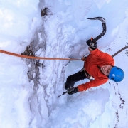 The last 20 feet or so of this route had a neat ice slot.  While steep it wasn\'t too hard as you could get off your hands quite a bit by leaning into the sides.