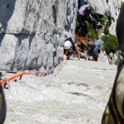 Carly working up P1 of the Lowe Route (5.8) after we did the approach.