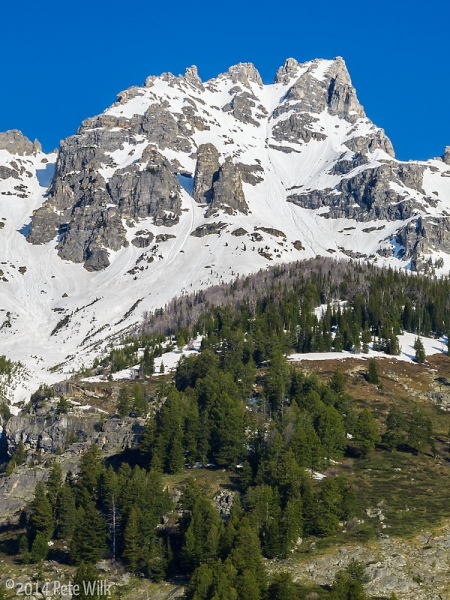 Sunday we attempted the East Ridge of Teewinot but started far too late and only got to the Worshipper and the Idol, the two prominent gendarmes above center.