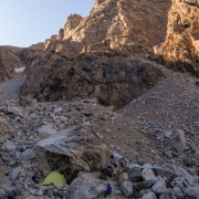 Sheltered spot under a boulder in the Moraine Camping area.