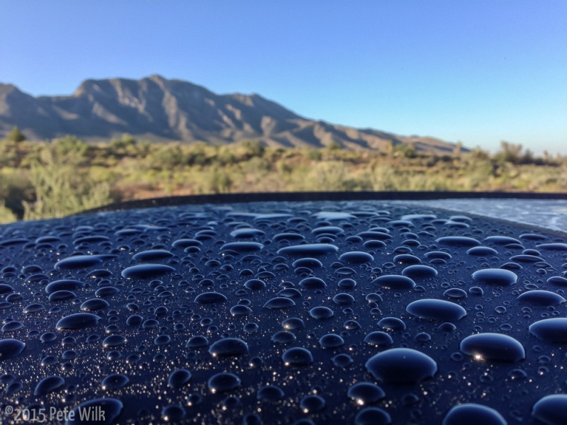 Rain drops on the roof of Carly\'s car.