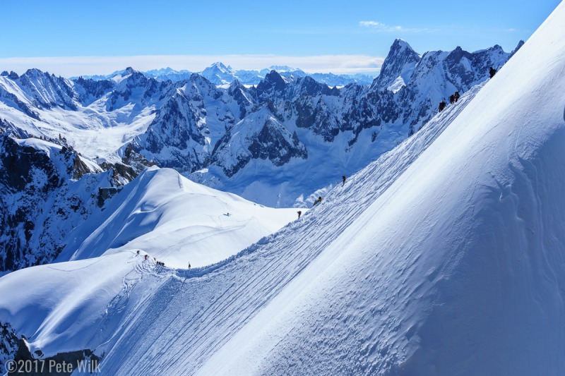 Looking down the east ridge out of the Aiguille du Midi.  From the gate that enters this ridge you can more or less slip and fall and end up in Chamonix.