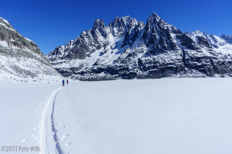 Farther out on the Mer de Glace.  We were able to ski a fair way down before having to take of the skis.