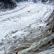 Hiking ladders in ski boots is a little weird.  Mer de Glace in the background.