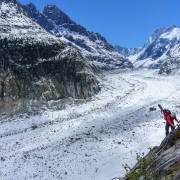 Adam finishing up the ladder section, now high about the Mer de Glace.