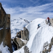 Amazing terrain on the Cosmiques Arete.  Mont Blanc the rounded dome in the far center.