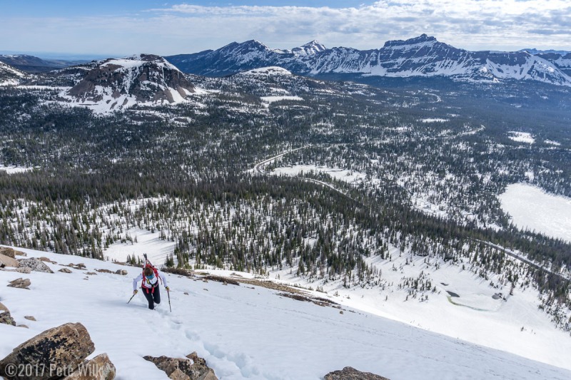 Nearing our highpoint a few hundred vertical feet before the summit.  The snow wasn\'t very supportable so we switched over early.