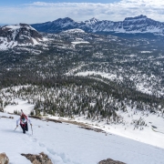 Nearing our highpoint a few hundred vertical feet before the summit.  The snow wasn\'t very supportable so we switched over early.