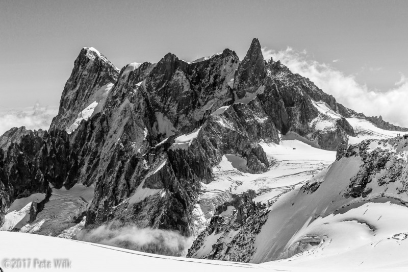Looking towards the Dent du Geant.  The stark contrast between the rock and snow is one of the reasons I love the mountains.  You\'d be hard pressed to find a more stunning example than in Chamonix.