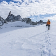 Roped up and following Maxime across the glacier to the start of the climb.  It was pretty windy and colder than expected.