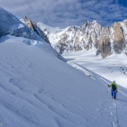 Winding our way through the obvious crevasses.  I think the two points on the right formation are the Petite Capucin and Gran Capucin.