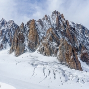 Side view of the Pyramid du Tacul, Pointe Adolphe Rey, Petit Capucin, Gran Capucin, Chandelle and Trident du Tacul.  At least I think you can see all of those.