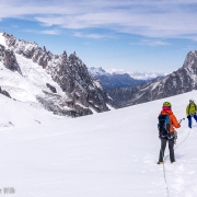 On the way back from the finishing the climb.  Aiguille du Midi in the upper left.