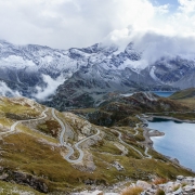 A great view of the awesome road, mountains, and lakes.