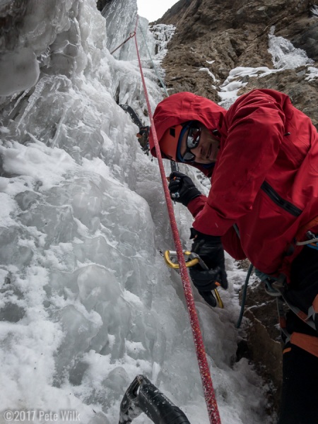 Doug and I seconding up the narrow Spitting Bullets (WI4).