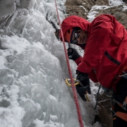 Doug and I seconding up the narrow Spitting Bullets (WI4).