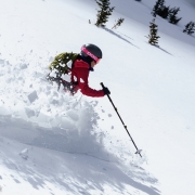 Our second run, Exxon\'s Folly was only a partial shot.  We didn\'t do the approach correctly and ended up switch backing endlessly up skier\'s right of the run.  The terrain was really steep (~40 deg) but stable.  About 2/3 of the way to the top we switched over.  This was for two reasons, first the snow was just starting to get damp, as seen by the chunking in the photo.  Second is in one of the next photos.