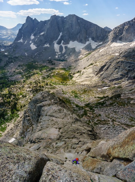 High up the South Buttress of Pingora (5.8).