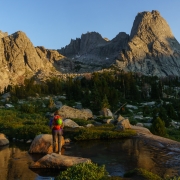 Sunrising on the Cirque.  Pingora in the sun, Wolf\'s Head in the shade behind it.