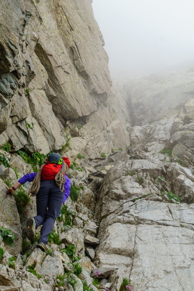 On our way up to the base of the first pitch.  While the day was nice, we were in and out of thin clouds all day.  This was rather disconcerting since we never had been in this area so the lay of the land was difficult to determine.