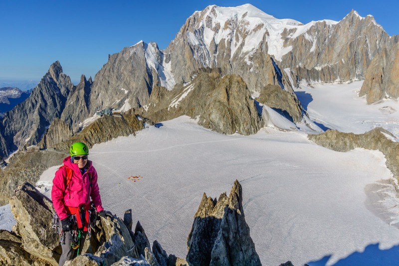 On the summit of the Aiguille de Marbrees.  Mont Blanc in the background.