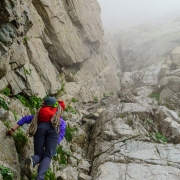 On our way up to the base of the first pitch.  While the day was nice, we were in and out of thin clouds all day.  This was rather disconcerting since we never had been in this area so the lay of the land was difficult to determine.