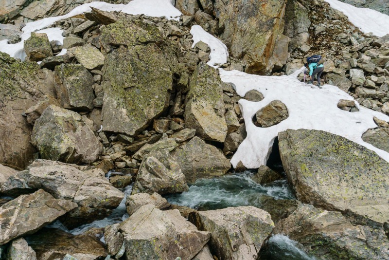 Working our way on the rocks towards the high water crossing spot.
