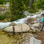 With all the snow melt the ground was wet an muddy in many places and the streams were full.  This was our first water obstacle.  There is a safe spot to cross upstream of the usual crossing point here.