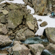 Working our way on the rocks towards the high water crossing spot.