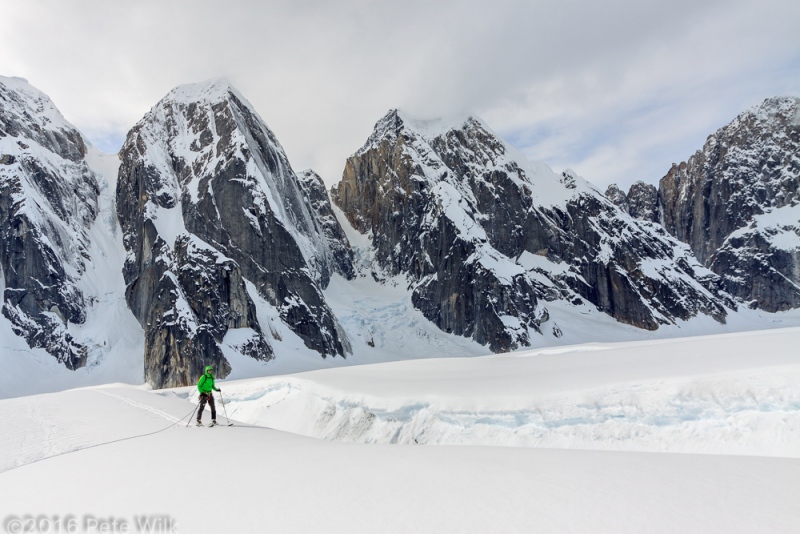 Skiing parallel to a massive crevasse.