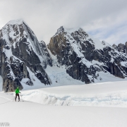 Skiing parallel to a massive crevasse.