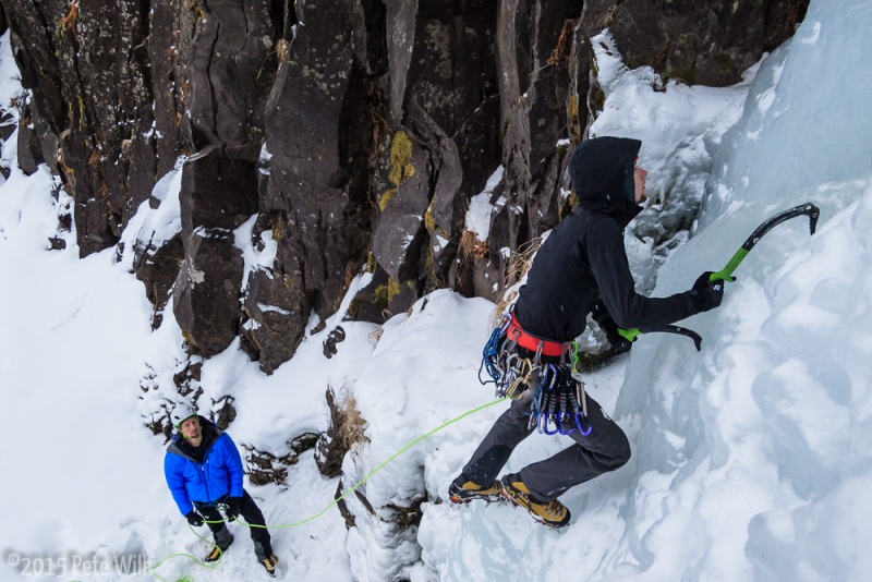 The Matts climbing and belaying on the Elevator Shaft (WI4).