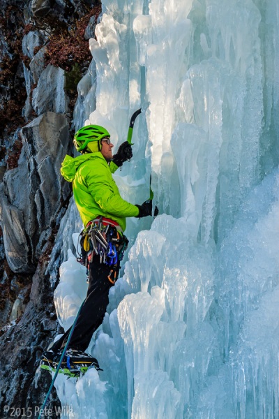 Doug Chabot, alpinist extraordinaire, leading up a difficult to protect Killer Pillar (WI5).