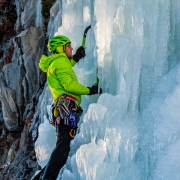 Doug Chabot, alpinist extraordinaire, leading up a difficult to protect Killer Pillar (WI5).