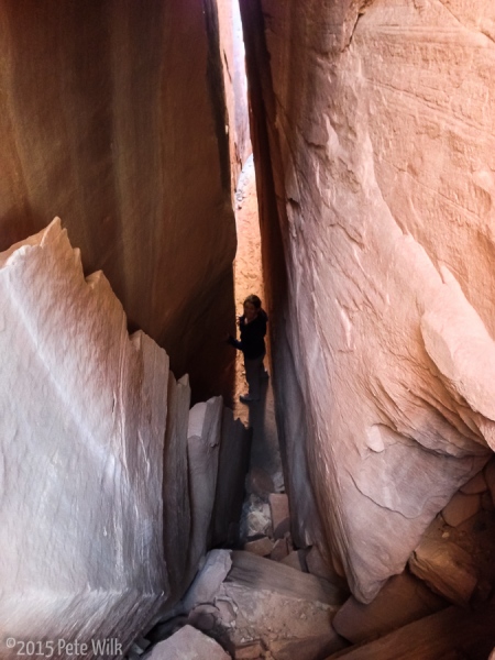 A really tight and interesting tunnel behind a massive pillar at Donnelly Canyon.