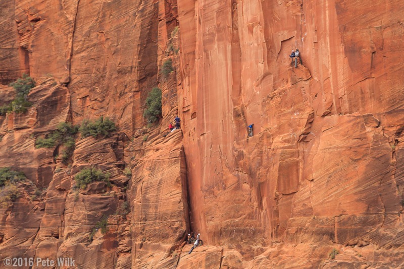 The train of people on Moonlight Buttress across the gorge.