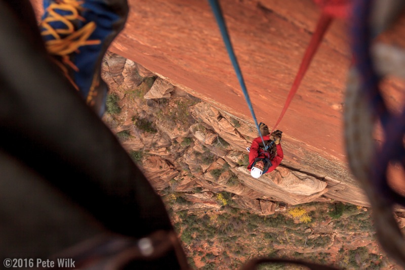 Some rain and slow going caused us to bail mid way through P8, which is the last difficult technical pitch.  A bit dissapointing not to finish it, but it was a good call.  Wet sandstone is never a good place to be climbing.