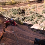 The money second pitch starts as unprotected 5.7 slab and moves to a technical face with spaced bolts.  A finger crack begins after the face and turns quickly into a hand and fist crack.  It is 170 ft of great climbing that I need to go back to do.