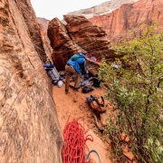 Home sweet home for the evening.  The ledge is big enough and protected enough that unroping is safe, though we did stay roped at night when sleeping.