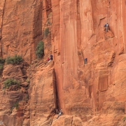 The train of people on Moonlight Buttress across the gorge.