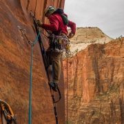 Leading up the bolt ladder for P6.  This section was heady since we were 600 or so feet off the valley floor on an overhanging wall.