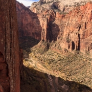 View looking south.  Angles Landing is the formation heading left behind the foreground wall.