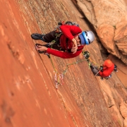 Allen figuring out the gear placements in the thin crack.