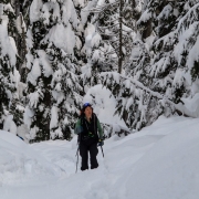 Christina wondering through the pines on our way towards Perly Rock.