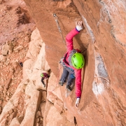 Carly leading up the crux pitch of the route.