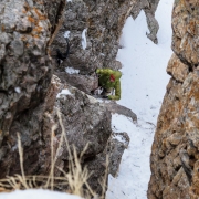 Matt going up the first steeper section of our P2.  There are chains on skier\'s left.