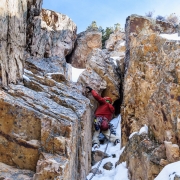 Matt on our P3 which was the last pitch.  This was the only really tricky move.  Luckily there\'s a nice #2 camalot crack right here.